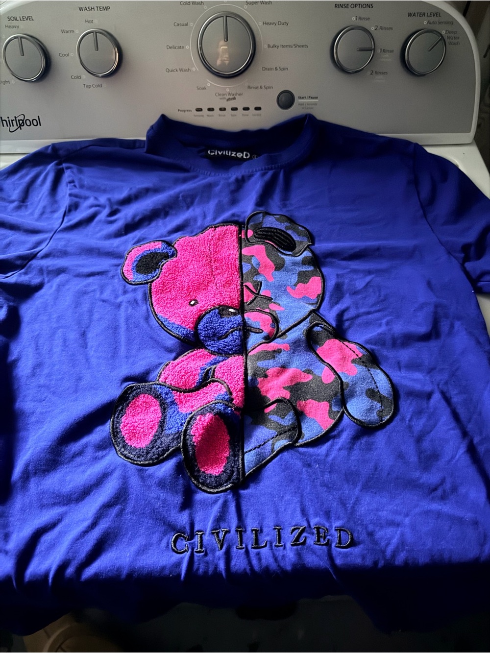 Civilized Purple Tee with Pink & Blue Teddy Graphic